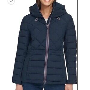 Tommy Hilfiger Women's Hooded Quilted Winter Jacket Coat Navy Blue - S